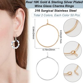 Beebeecraft 1 Box 100Pcs Hoop Earring Findings 316 Surgical Stainless Steel Hoop Ear Wire 20mm Wine Glass Charms Rings for Jewelry Making DIY Crafts (Gold, Silver)