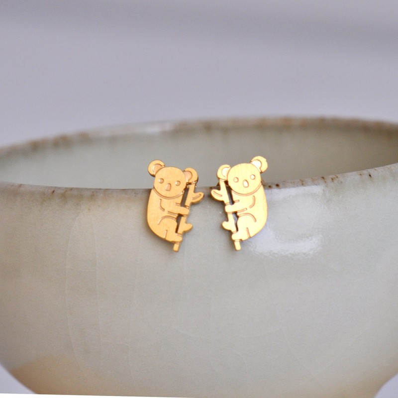HUAN XUN Gold Koala Bear Earrings Animal Stud Earrings for