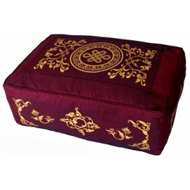 Boon Decor Meditation Cushion - Rectangular Zafu Buckwheat and Kapok Fill Eternal Knot Celestial Vine Burgundy