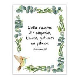 TJ Originals - Christian Bible Quote Decor , Colossians 3:12 Clothe Ourselves With Compassion Bible Verse Wall Print , Bible Quote 11 x 14 Wall Print , Inspirational Poster Gift for Family & Friends , Birthday Gifts for Women (Floral with Bird)