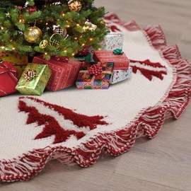 Christmas Tree Skirt, Christmas Decorations, 48 Inch Knitting Retro Xmas Tree Skirt Décor Skirt (White with Red)