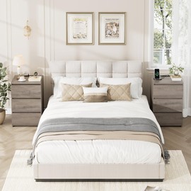 FOTOSOK Nightstand Set of 2 with Charging Station, Grey Night Stand with USB Ports & Power Outlets, Silent Slides, Wooden End Side Table Bedside Table with 3 Drawers for Bedroom, Ash Grey