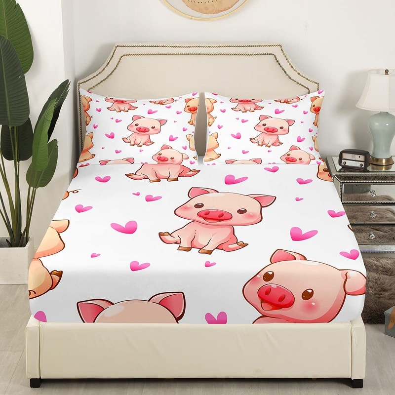 Kids Pig Bed Sheet Set Cute Animals Decor Bedding Sheets
