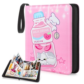 Trading Card Binder,440 Cards Collectible Trading Card Holder Case with 55 Sleeves, 4 Pocket for TCG Game Cards Collection Sports Trading Cards Collector Album (Pink milk bottle, 440 Pockets)