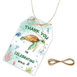 50pcs Marine Animals Thank You Tags, Turtles Gift Tag with String for Under The Sea Party, Ocean Animals Thank You Paper Tags for Nautical Party Favors