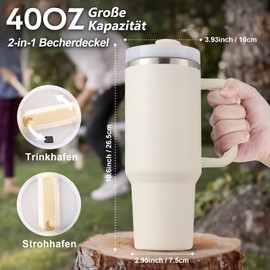 PRAOAHEI 40oz Thermobecher mit Strohhalm und Henkel,1180 ML Doppelwandiger Edelstahl Heiße Kalte Getränke Vakuum Trinkbecher,Kaffeebecher für Zuhause Reisen Weiß