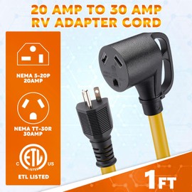 Kanayu 20 Amp to 30 Amp RV Generator Adapter Cord Compatible with NEMA 5-20P to TT-30R 20 Amp 3 Prong Generator to 30 Amp 3 Prong RV Power Adapter with Handle, STW 12 AWG/3C, 12 Inch ETL Listed