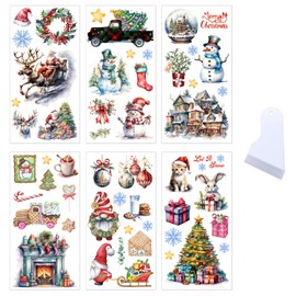 6 Sheets Rub On Transfer Stickers Christmas Rub On Sticker Vintage Christmas Tree Snowman Gnome Snowflake Aesthetic Decoration Christmas Stickers for Furniture Scrapbook Window Glass Cups