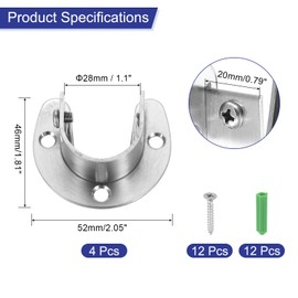 sourcing map 4 Pcs 28mm / 1.1 Inch Closet Rod Bracket Stainless Steel U-Shaped Rod Socket Flange Closet Rod Holder for Closet Rod, Silver