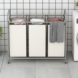 LINZINAR 3-Bag Laundry Sorter,Laundry Hamper Cart with Heavy Duty Rolling Lockable Wheels and Removable Bags (Beige)