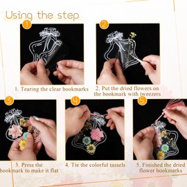 TaoBary 91 Pcs DIY Handmade Transparent Dried Flower Bookmark Set Include Butterflies Clear Bookmarks Dried Flowers Colorful Tassels and Tweezer for Book Bottle Supplies(Cool Color)