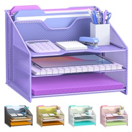 Samstar Purple Desk File Organizer, Mesh Letter File Folder Holder with 3 Paper Trays and 2 Vertical Upright Section, for Office Supplies, Desk Accessories & Workspace, Purple