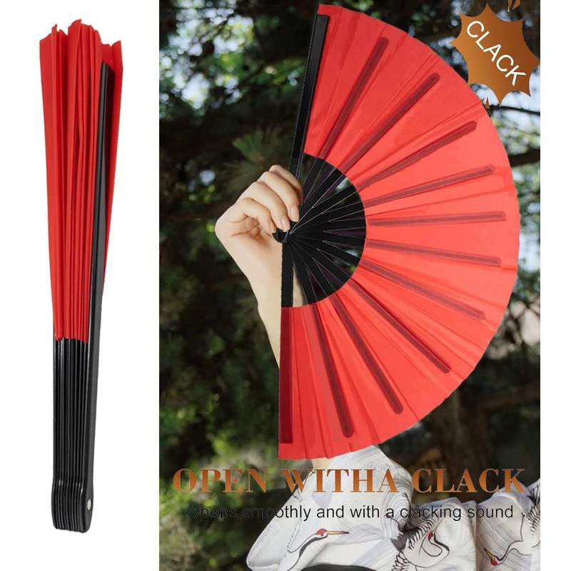 Large Folding Hand Fan, Black, Silk Fabric, 13 Inches