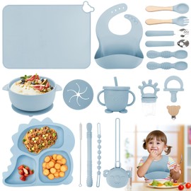 19 PZS Silicona Platos para Bebe, Set de Alimentación para Bebé, Sin BPA,Antideslizante, Fácil de Limpiar, Apto para Microondas, Regalos de Navidad...