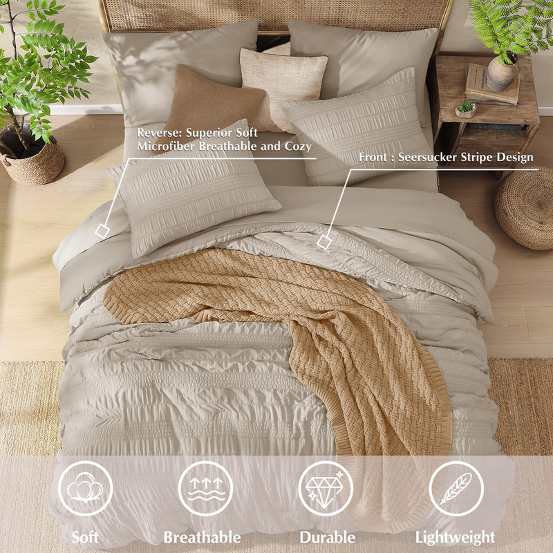 CASAAGUSTO King Size Comforter Set, 7 Pieces Oatmeal Seersucker Bed
