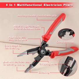 LEONTOOL 6 In 1 Multifunctional Electrician Pliers 8 Inch Heavy Duty Long Nose Pliers with Wire Stripper Crimper Cutter Needle Nose Pliers for Electrical Wiring Work Industrial or Household