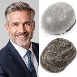 0.08mm Mens Thin Skin Hair System Toupee for Men Human Hair Replacement Pieces Protesis 8x10 Inch Front V Loop Natural Hairline with Single Knot Male Hairpiece Toupee #5 Cool Toned Brown with 30% Grey