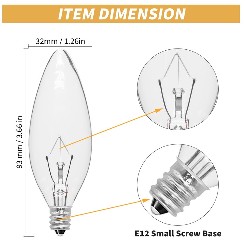 CYLYT 20-Pack E12 Candelabra Light Bulbs 25W Warm White 2500K,