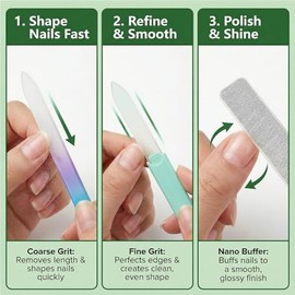 Plman 3PCS Glass Nail Files for Natural Nails, a Coarse Finger Nail File with Case, a Fine Glass Nail Filer with Case for Women, a Nano Glass Nail Buf