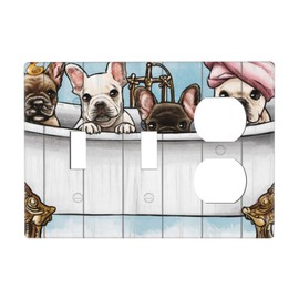 Rustic Funny Dog Country Wood 3 Gang Light Switch Cover Combination Wall Plate Double Toggle Single Duplex Switchplate for Kitchen Bathroom Bedroom Home Decor