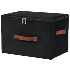 VinneGenzz Storage Bins with Zipper Lid Velvet Fabric Storage Boxes Lidded Baskets Foldable Washable Decorative Closet Shelf Clothes Organizer Container with PU Leather Handles (Black, Large)