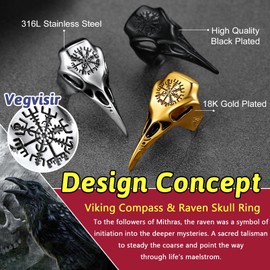 FaithHeart Gothic Rings for Men Retro Viking Raven Crow Black Ring Size Q Solid Steel Punk Bird Skull Biker Rings Size Q