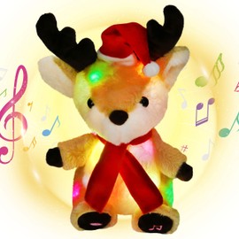 Houwsbaby Christmas Musical Light up Penguin LED Stuffed Animals Rudolph Plush Toys Lullaby Singing Animated for Toddlers Xmas Gift Holiday, 10''