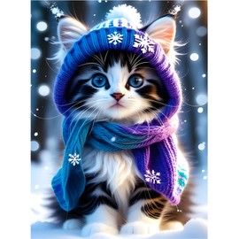 feelive Cat Diamond Painting Pictures for Adults, DIY Diamond Painting Kits for Winter, Kits for Diamond Painting, 5D Round Stones Diamond Painting for Home Decor, 30 x 40 cm