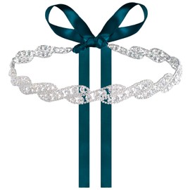 URROMA Wedding Bridal Belt, 1 Piece Silver Rhinestone Blue Green Ribbon Bridal Belt Bridesmaid Gown Sash for Women Dress Accessory Matching