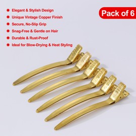 PERFEHAIR 6 Pcs Duckbill Alligator Hair Clips for Women - Metal Sectioning Clips with Strong Grip for Styling, Coloring, Sturdy Duck Bill Clips for Holding Rollers & Setting Curls (Copper)