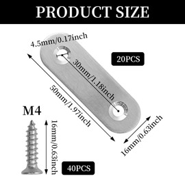 BuxiuGK Pack of 20 Flat Corner Brackets 50 x 16 mm Stainless Steel Flat Connector 2 Holes Wood Connector Joining Repair for Wood Furniture with 40 Screws Silver