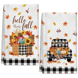 MZZIUV 2 Pcs Fall Kitchen Towels Thanksgiving Pumpkin Truck Dish Towels, 24x16 Inch Maple Leaves Autumn Hand Tea Towel for Kitchen Bathroom Farmhouse Decor