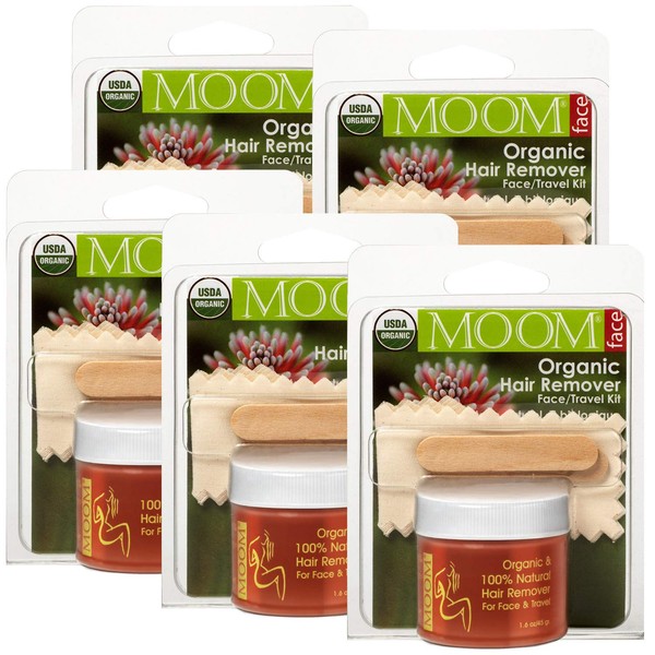 MOOM Organic Travel Wax Kit with Aloe, Tea Tree Oil & Chamomile for Face - Natural Sugar Waxing Glaze with 6 Facial Fabric Strips & 2 Small Wooden Applicator Sticks 1.6 oz. 5 Pack