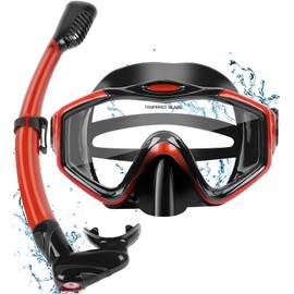KUYOU Snorkeling Gear for Adults - 180° Wide View Snorkel Mask and Full Dry Top Snorkel Set for Snorkeling, Swimming, Training (Metallic Red)
