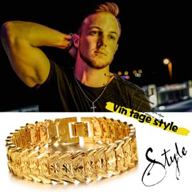 Cupimatch Men's 18K Gold Plated Link Bracelet Carving Wrist Chain Wide Bangle,8.26 Inch