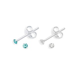 Set of 2 PAIRS Sterling Silver Turquoise Cubic Zirconia Earrings - SIZE: TINY 2mm - Very Small & discreet - Turquoise & Clear 5549TQZ/SET