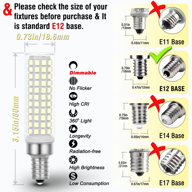 ALIDE E12 100W Dimmable Replacement LED Candelabra Bulbs C7,6000K Daylight