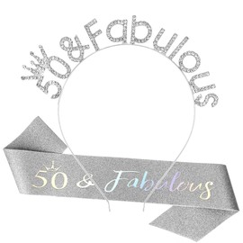 CAVETEE 50th Birthday Crown for Women，Birthday Headband Birthday Tiara 50th Birthday Sash and Crown Happy Birthday Sash for 50th Birthday Decorations for Birthday Gifts