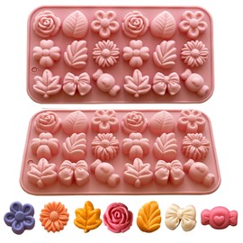 Flower Candy Molds Silicone 2PCS Daisy Flower Chocolate Molds Tulip Flower Mold Bow Tie Leaf Jello Molds Ice Mold Pudding Molds Soap Molds Cookie Molds for Desserts Making