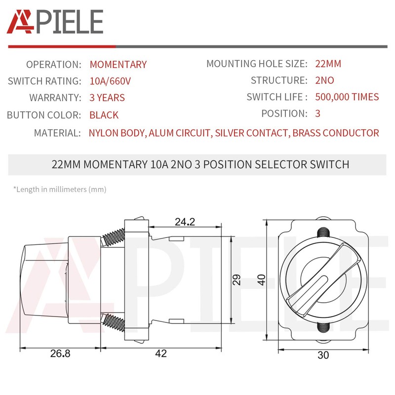 Momentary Selector Switch 22mm 2NO XB2-20X/33 APIELE Pack of 2(3