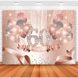 Sensfun Rose Gold Happy 60th Birthday Backdrop Decorations for Women Pink Glitter Ribbon Balloons Dots Photography Background Shining Diamond Sixty Years Old Party Banner Photo Studio Props 7x5ft