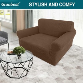 Granbest High Stretch Armchair Covers Super Soft Chair Covers for Living Room Jacquard Sofa Cover for Dogs Non Slip Chair Slipcover with Arms Furniture Protector (1 Seater, Brown)