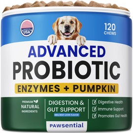 Pawsential Advanced Dog Probiotics for Digestive Health & Enzymes - Diarrhea, Gas, Upset Stomach Relief & Season Allergy - Chews for Digestion - Prebiotics Fiber Supplement - Pet Probiotics for Dogs - 120 Chews