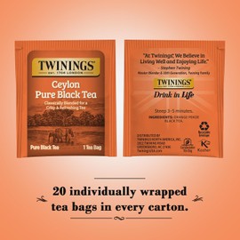 Twinings Ceylon Pure Black Tea - A Crisp, Refreshing Black Tea, Formerly Orange Pekoe, Caffeinated Tea Bags, Individually Wrapped, 20 Count