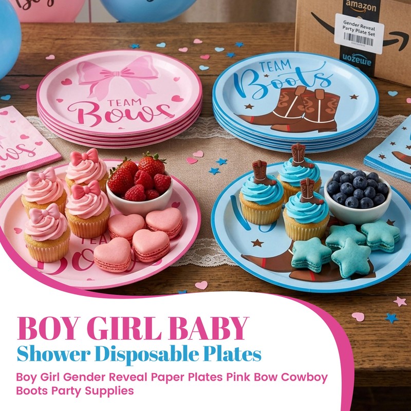 Boots or Bows Gender Reveal Brown Pink Paper Plates Gender