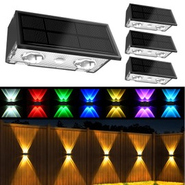 Uspring 4 Pack Solar Fence Lights with Warm/Cool White & 6 RGB Color 9 Modes, Ultra Bright Up & Down Fence Lights Solar Powered IP68 Waterproof Solar Light Outdoor for Yard Pool Porch Wall Patio