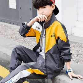 linboo Children's Boys Tracksuit Colour Block Jogging Suit Leisure Suit Sports Clothing Set 2-Piece Sweat Jacket + Jogging Bottoms Polyester, yellow