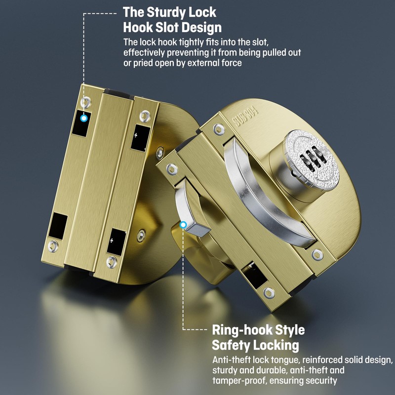 Ranbo Frameless Mechanical Combination Glass Door Lock, No-Drill Installation, Fits