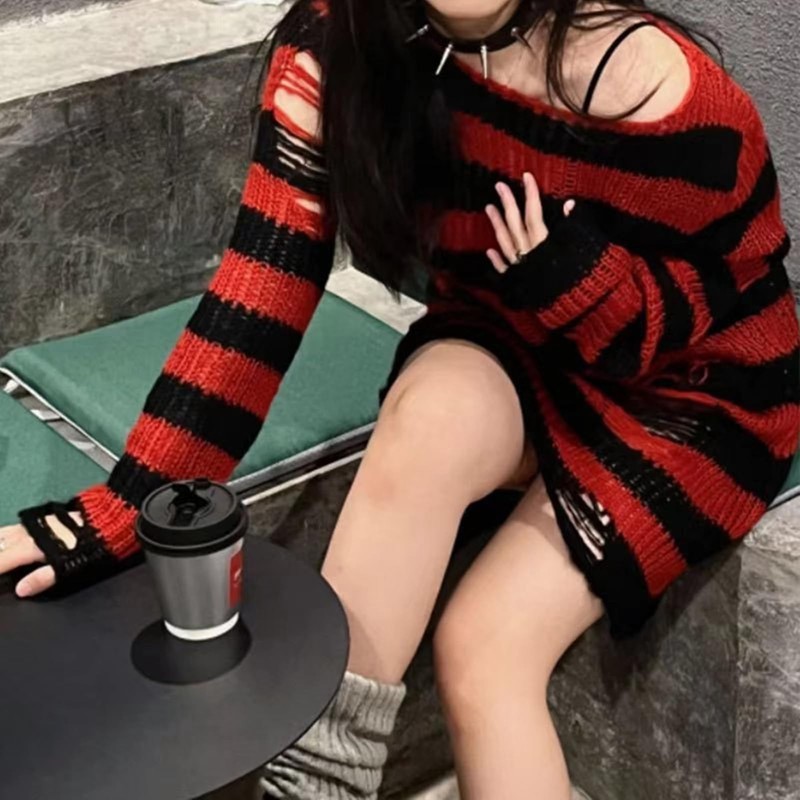 URAWESO Red and Black Goth Distressed Stripe Knit Sweater Dress