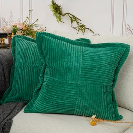 YOUR SMILE Corduroy Pillow Covers with Splicing Set of 2 Super Soft Boho Striped Pillow Covers Broadside Decorative Textured Throw Pillows for Couch Cushion Livingroom,18 x 18 inch,Christmas Green